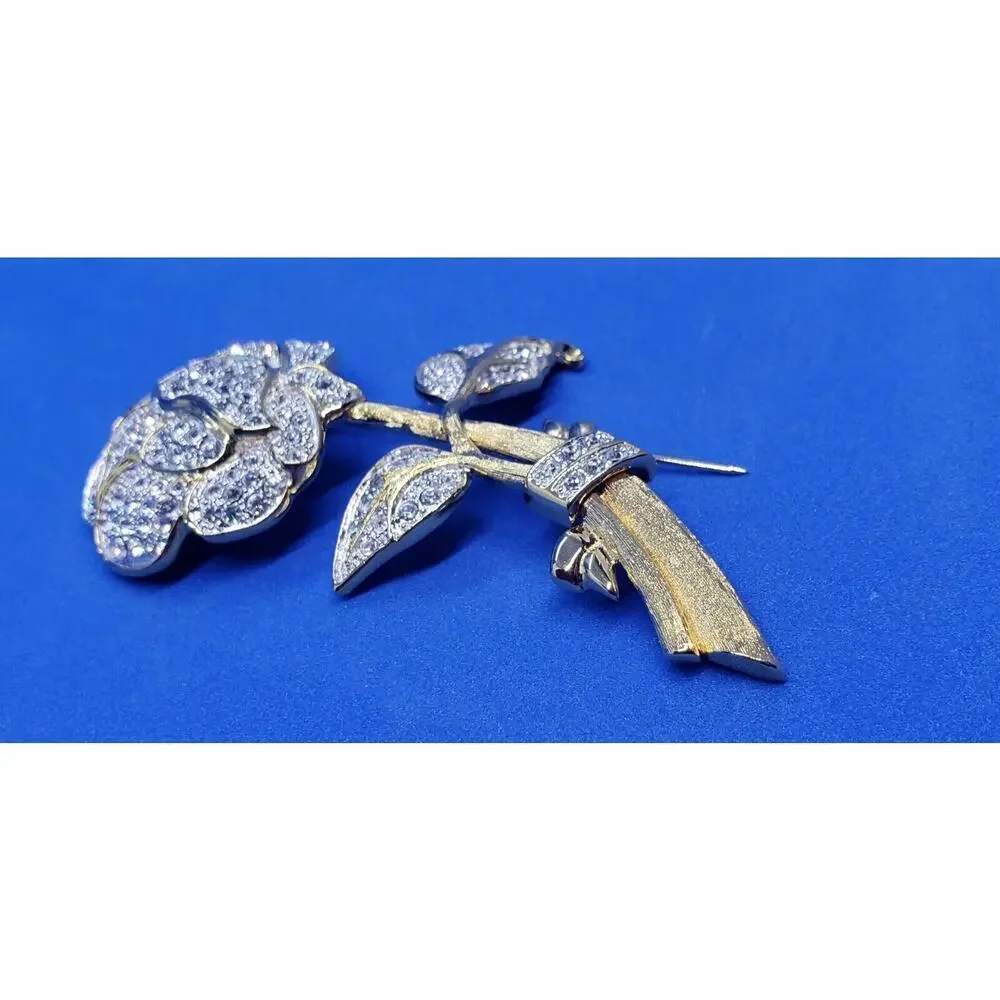 VINTAGE Nolan Miller Glamour Collection Roses Flower Brooch Rhinestone Pave Big